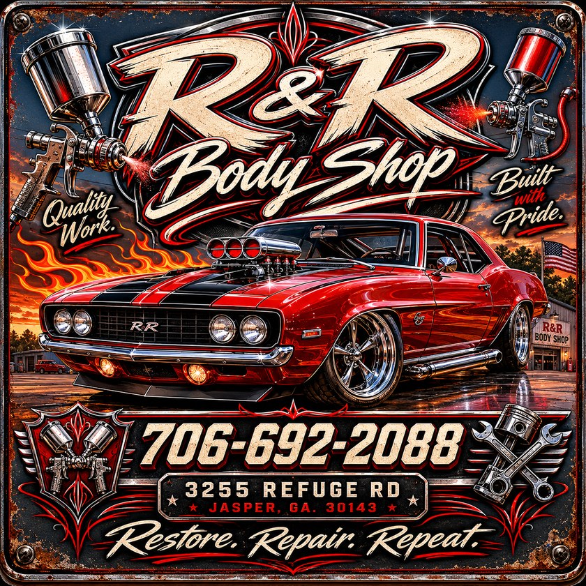 R&R Body Shop logo: Quality work. Built with pride. Restore. Repair. Repeat.